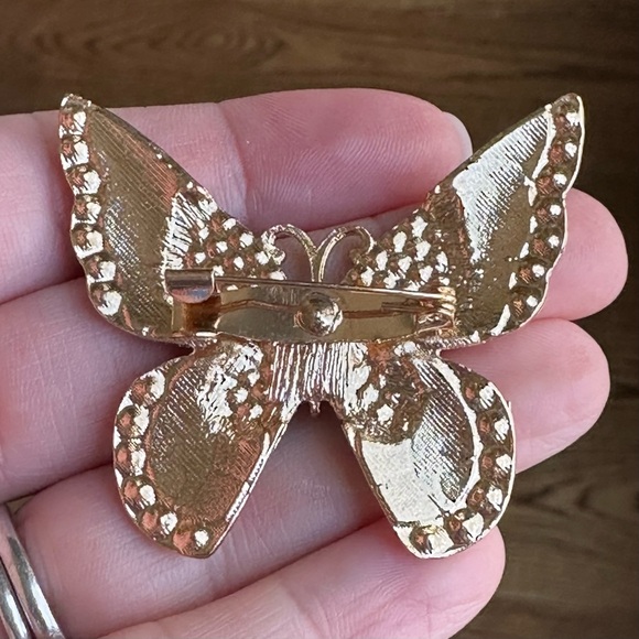 Vintage Style Pink Enamel & Rhinestone Butterfly Brooch | Gold Tone Pin | NEW - Picture 2 of 4